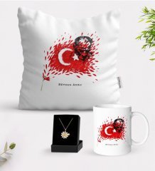 Kişiye Özel Atatürk Temalı Beyaz Kupa Yastık ve İsimli Papatya Kolye Hediye Seti-3