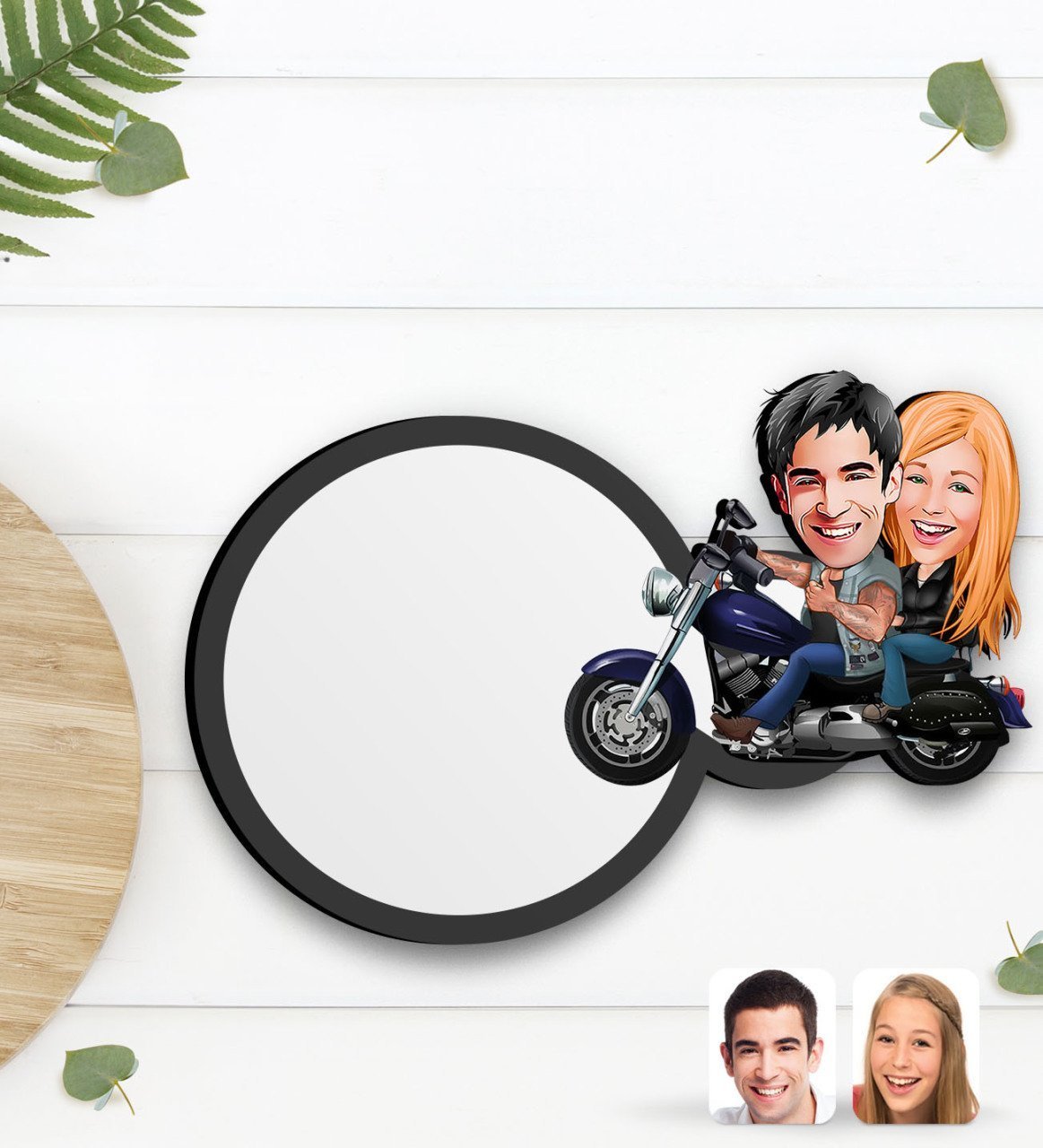 Kişiye Özel Motorcu Sevgililer Karikatürlü Ahşap Bardak Altlığı-1