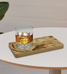 Kişiye Özel Mermer Tasarımlı Doğal Ahşap Tabaklı Viski Bardağı Sunum Seti Model 14