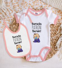 BK Kids Burada Patron Benim Tasarımlı Pembe Bebek Body Zıbın ve Mama Önlüğü Hediye Seti-1