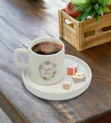 Kişiye Özel Sunum Tabaklı Çiçek Tasarımlı Türk Kahvesi Fincanı Model 4