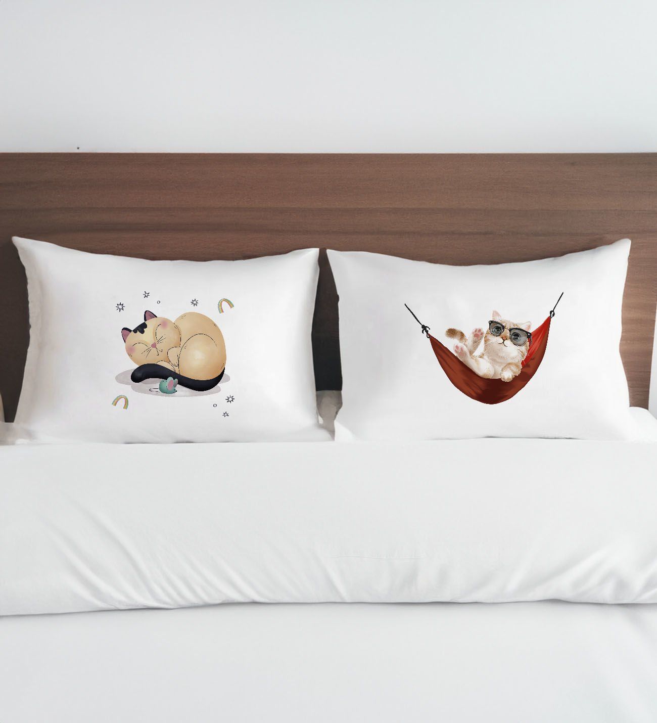 BK Gift Kişiye Özel Eğlenceli Kedi Tasarımlı Pamuklu 2’li Yastık Kılıfı Seti-2 50x70cm , Sevgiliye Hediye, Ev Hediyesi, Tasarım Ev Tekstili