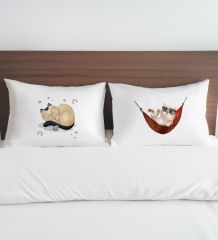 BK Gift Kişiye Özel Eğlenceli Kedi Tasarımlı Pamuklu 2’li Yastık Kılıfı Seti-2 50x70cm , Sevgiliye Hediye, Ev Hediyesi, Tasarım Ev Tekstili
