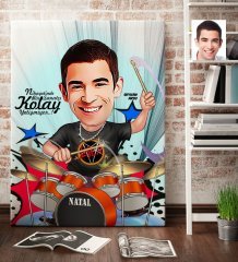 Kişiye Özel Bay Baterist Karikatür Kanvas Tablo (70 x 100 cm.) 1