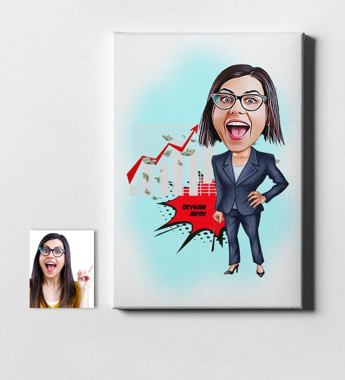 Kişiye Özel Bayan Finans Uzmanı Karikatür Kanvas Tablo (50 x 70 cm.) 1