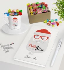 Kişiye Özel Noel Baba Beyaz Defter Kalem Türk Kahvesi Fincanı ve Kutulu Haribo Şeker Hediye Seti-2