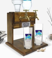 Kişiye Özel Renkli Baskılı Balıkesir Tasarımlı Turistik İkili Rakı Bardağı ve Çift Musluklu Doğal Ahşap Rakı Standı-1