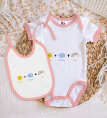BK Kids Annem Babam Ben Tasarımlı Pembe Bebek Body Zıbın ve Mama Önlüğü Hediye Seti-1