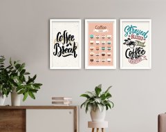 BK Home Coffee Tasarımlı Dekoratif 3’lü Ahşap Beyaz Çerçeveli Tablo-6