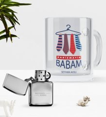 Kişiye Özel Karizmatik Babam Cam Kupa Bardak Benzinli Çakmak Seti