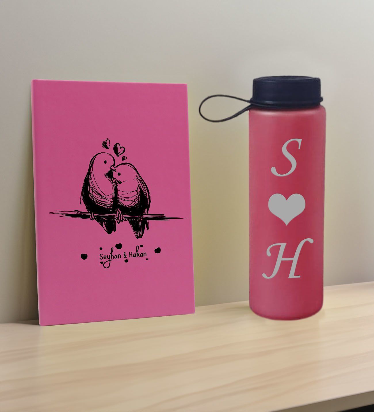 BK Gift Sevgiliye Özel İsimli Pembe Defter ve Fuşya Cam Matara Hediye Seti-4, Sevgiliye Hediye, Sevgililer Günü, Yeni İş Hediyesi