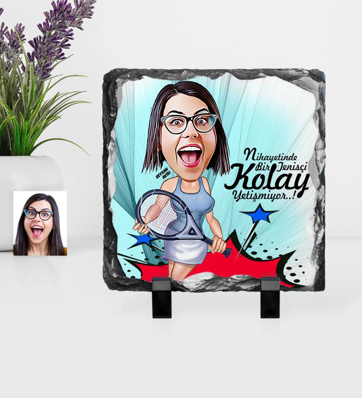 Kişiye Özel Bayan Tenis Oyuncusu Karikatürlü Dekoratif Doğal Taş - 1
