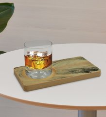 Kişiye Özel Mermer Tasarımlı Doğal Ahşap Tabaklı Viski Bardağı Sunum Seti Model 12