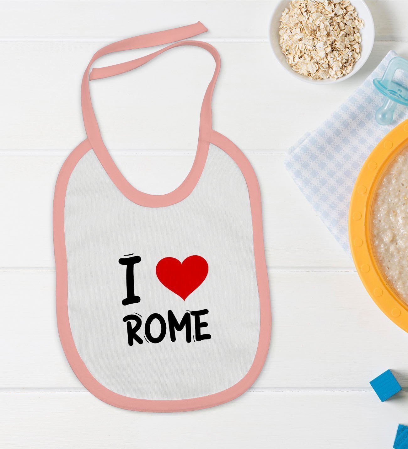 BK Kids I Love Rome Tasarımlı Pembe Bebek Mama Önlüğü - Model 1