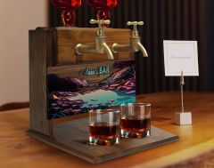 BK Gift Kişiye Özel Kabartma Manzara Tasarımlı Çift Musluklu Doğal Ahşap İçki Standı-4, İçki Standı, Doğum Günü Hediyesi, Ev Hediyesi, Erkek Hediye