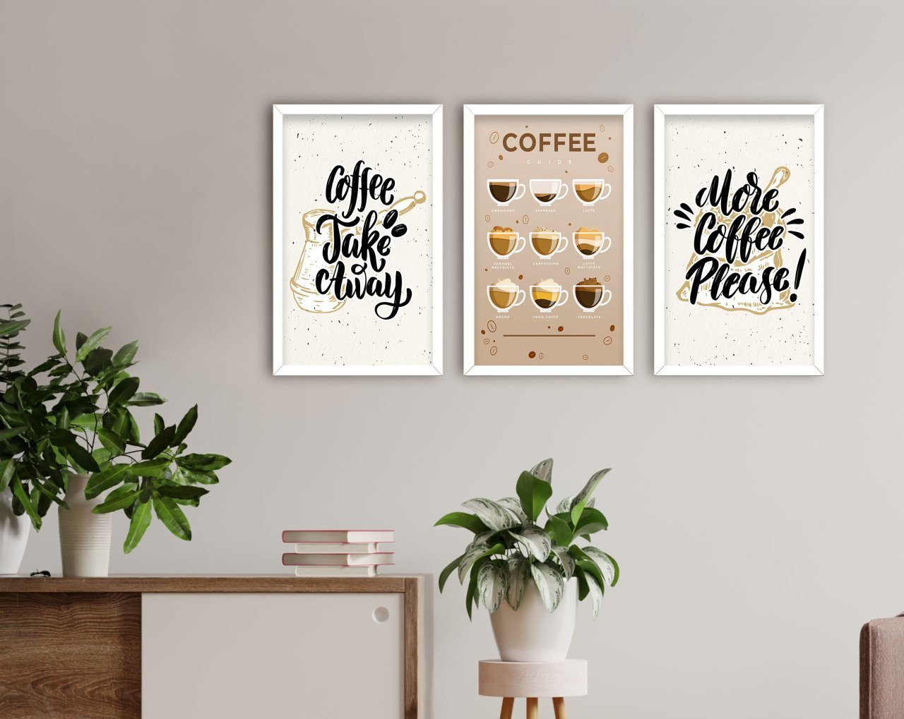 BK Home Coffee Tasarımlı Dekoratif 3’lü Ahşap Beyaz Çerçeveli Tablo-5