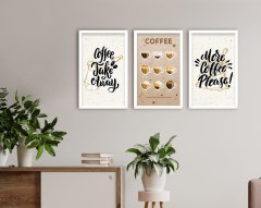 BK Home Coffee Tasarımlı Dekoratif 3’lü Ahşap Beyaz Çerçeveli Tablo-5