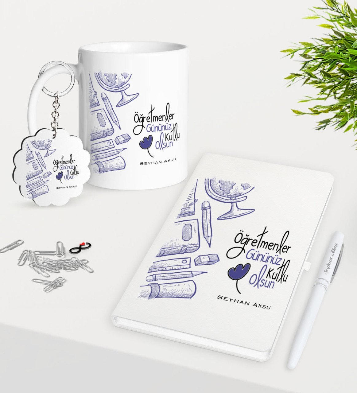 Kişiye Özel Öğretmenler Günümüz Kutlu Olsun Kupa Anahtarlık Beyaz Defter Kalem Hediye Seti-6