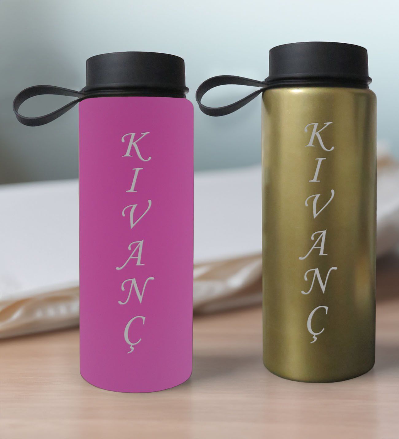 BK Gift Kişiye Özel İsimli 2’li Pembe ve Gold Cam Matara 500ml, Sevgiliye Hediye, İsimli Cam Matara, Sevgililer Günü