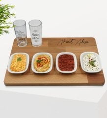 Kişiye Özel Rakı İçelim Tasarımlı 2’li Rakı Bardağı ve Meze Tabaklı Doğal Masif Ahşap Servis Sunum Tepsisi Model 1