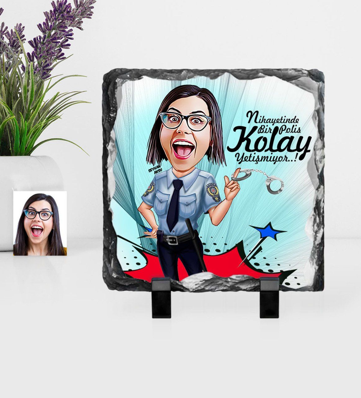 Kişiye Özel Bayan Polis Karikatürlü Dekoratif Doğal Taş - 1