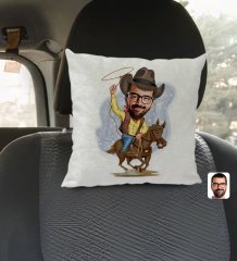 Kişiye Özel Kovboy Karikatürlü Kare Araç Koltuk Yastığı-2
