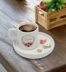 Kişiye Özel Sunum Tabaklı Çiçek Tasarımlı Türk Kahvesi Fincanı Model 1