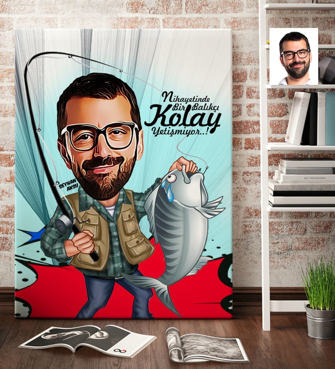 Kişiye Özel Bay Balıkçı Karikatür Kanvas Tablo (70 x 100 cm.) 1
