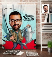 Kişiye Özel Bay Balıkçı Karikatür Kanvas Tablo (70 x 100 cm.) 1