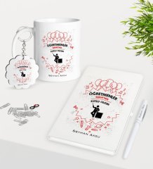 Kişiye Özel Öğretmenler Günümüz Kutlu Olsun Kupa Anahtarlık Beyaz Defter Kalem Hediye Seti-5