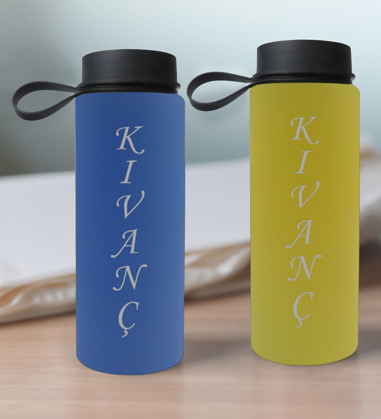 BK Gift Kişiye Özel İsimli 2’li Mavi ve Sarı Cam Matara 500ml, Sevgiliye Hediye, İsimli Cam Matara, Sevgililer Günü