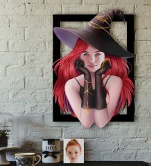 Kişiye Özel Bayan Cadı Karikatürlü 3D Ahşap Tablo-2
