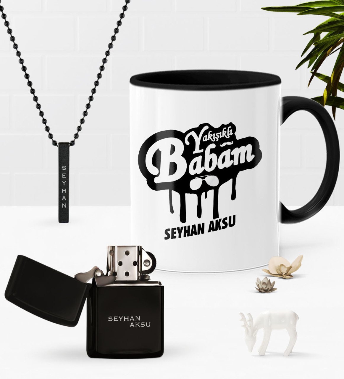 Kişiye Özel Yakışıklı Babam Siyah Kupa Benzinli Çakmak Kolye Seti-2