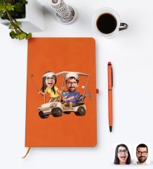 Kişiye Özel Sevgililer Karikatürlü Turuncu Termo Deri Defter Kalem Seti Model 96