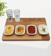 Kişiye Özel Neşet Ertaş Tasarımlı 2’li Rakı Bardağı ve Meze Tabaklı Doğal Masif Ahşap Servis Sunum Tepsisi Model 2