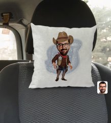 Kişiye Özel Kovboy Karikatürlü Kare Araç Koltuk Yastığı-1