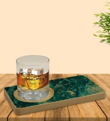 Kişiye Özel Mermer Tasarımlı Doğal Ahşap Tabaklı Viski Bardağı Sunum Seti Model 10