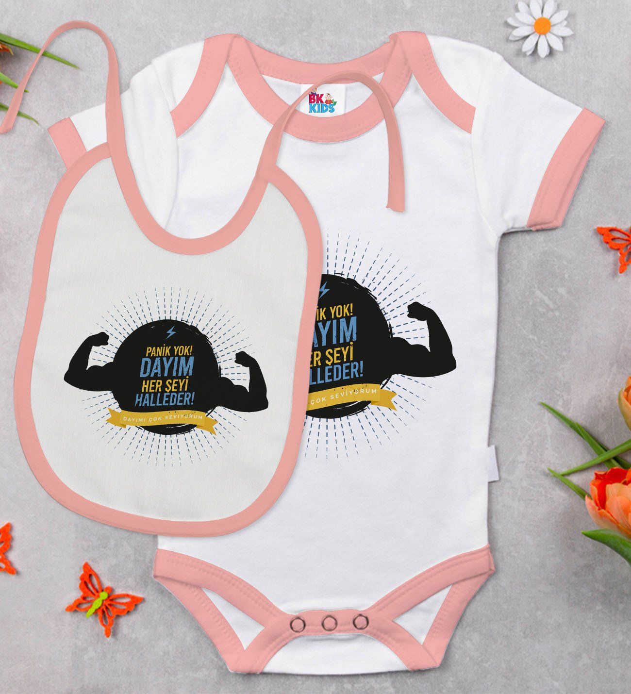 BK Kids Dayım Her Şeyi Halleder Tasarımlı Pembe Bebek Body Zıbın ve Mama Önlüğü Hediye Seti-1