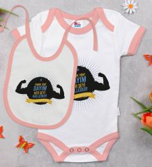 BK Kids Dayım Her Şeyi Halleder Tasarımlı Pembe Bebek Body Zıbın ve Mama Önlüğü Hediye Seti-1