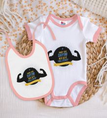 BK Kids Dayım Her Şeyi Halleder Tasarımlı Pembe Bebek Body Zıbın ve Mama Önlüğü Hediye Seti-1
