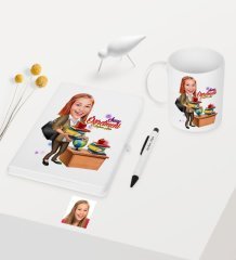 Kişiye Özel Bayan Öğretmen Temalı Karikatürlü Beyaz Defter Kalem Kupa Seti - 4
