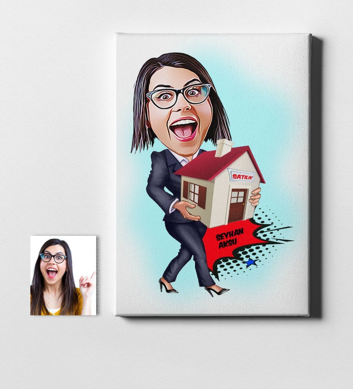 Kişiye Özel Bayan Gayrimenkul Danışmanı Karikatür Kanvas Tablo (50 x 70 cm.) 1