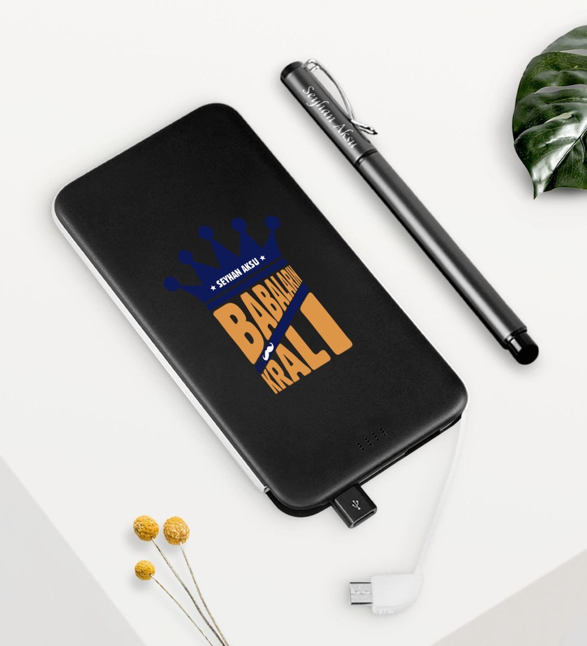 Kişiye Özel Babaların En Kralı Siyah 5000 mAh Hızlı Şarj Powerbank Kalem Seti