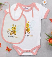 BK Kids Sevimli Arı Tasarımlı Pembe Bebek Body Zıbın ve Mama Önlüğü Hediye Seti-1