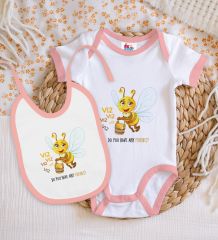 BK Kids Sevimli Arı Tasarımlı Pembe Bebek Body Zıbın ve Mama Önlüğü Hediye Seti-1