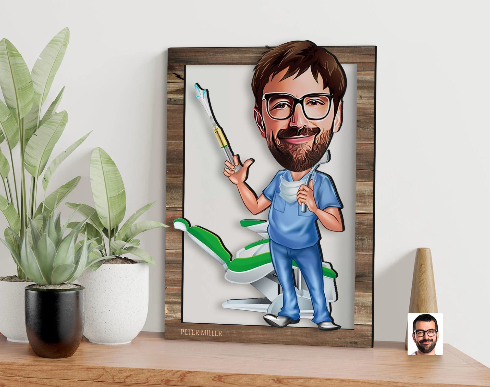 BK Gift Kişiye Özel Erkek Diş Hekimi Karikatürlü 3D Ahşap Tablo, Sevgiliye Hediye, Arkadaşa Hediye, Yıl Dönümü Hediyesi, Doğum Günü Hediyesi-2