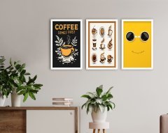BK Home Coffee Tasarımlı Dekoratif 3’lü Ahşap Beyaz Çerçeveli Tablo-2