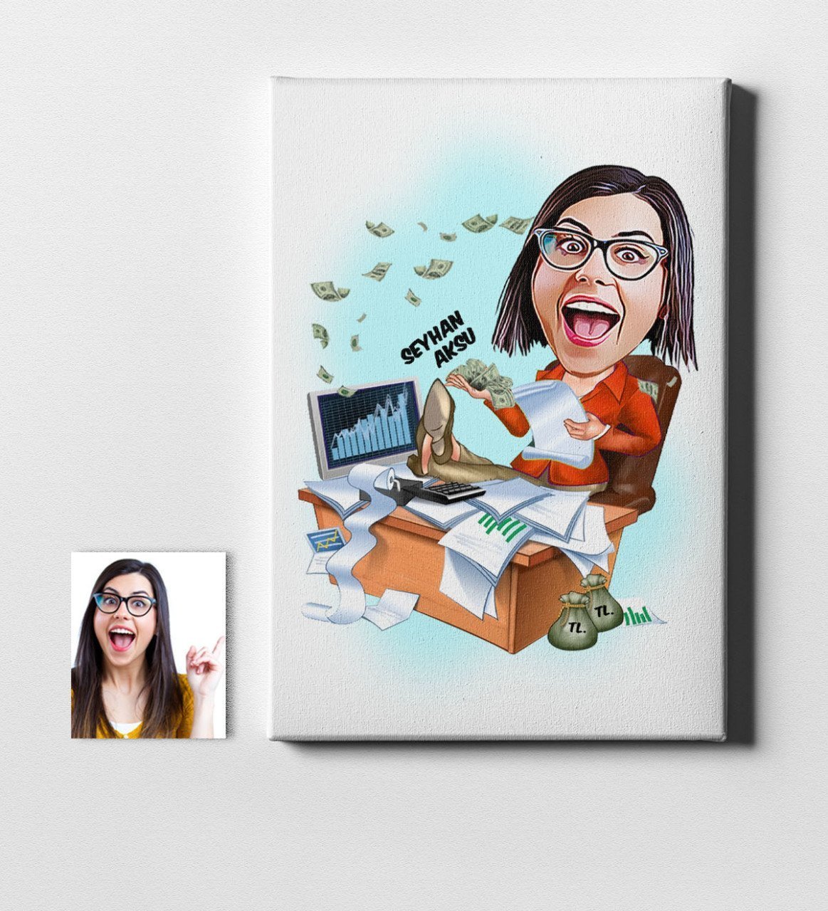 Kişiye Özel Bayan Bankacı Karikatür Kanvas Tablo (50 x 70 cm.) 1