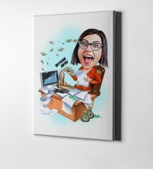Kişiye Özel Bayan Bankacı Karikatür Kanvas Tablo (50 x 70 cm.) 1