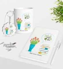 Kişiye Özel Öğretmenler Günümüz Kutlu Olsun Kupa Anahtarlık Beyaz Defter Kalem Hediye Seti-3